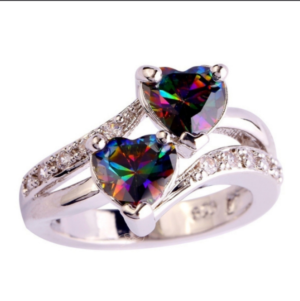 925 STERLING SILVER RAINBOW TOPAZ DOUBLE HEART RING